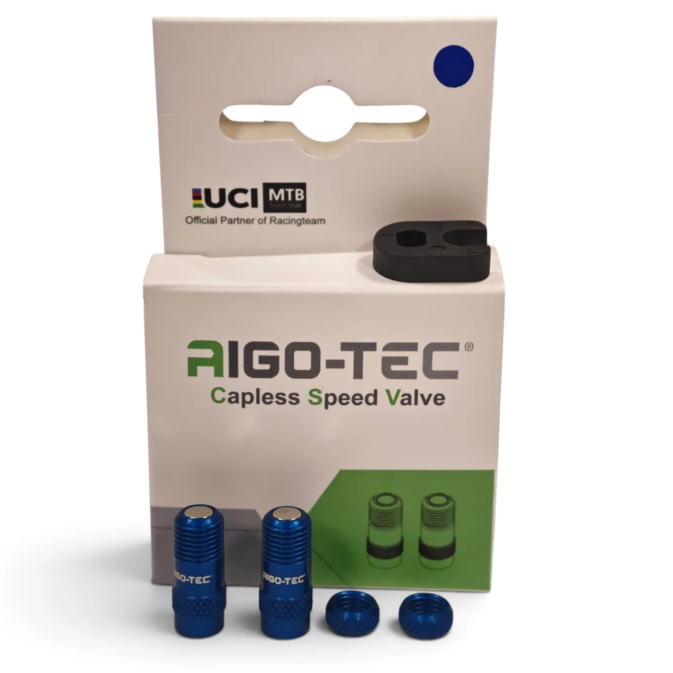 2 Синих клапана AIGO-TEC CSV, переходник Presta–Schrader, алюминиевые.